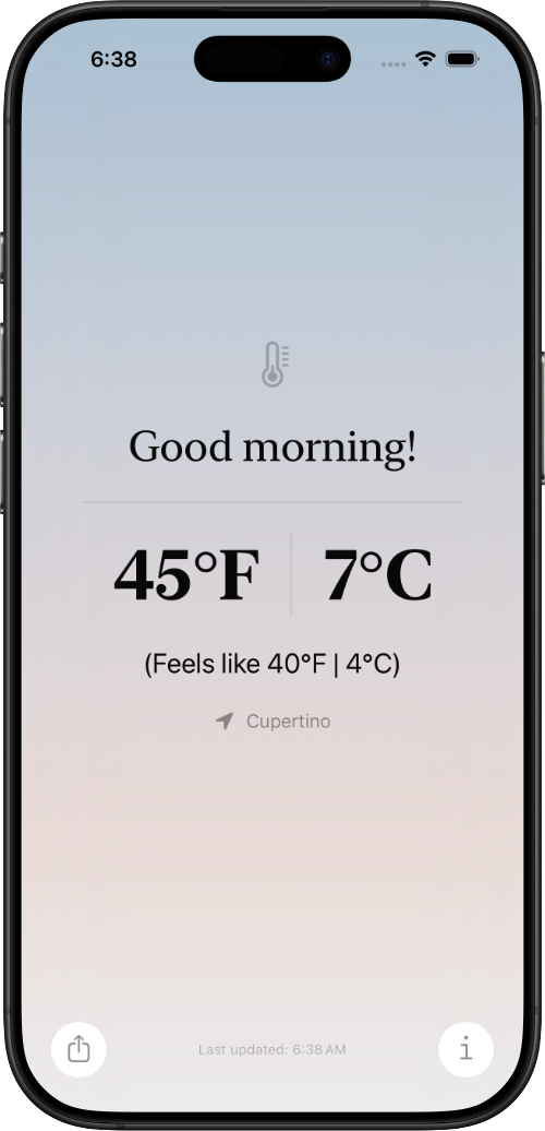40 Below app screen showing current temperature in Cupertino in the morning